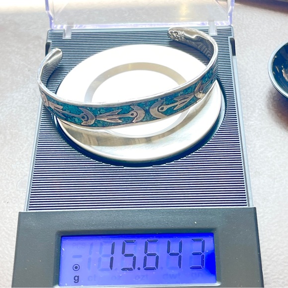 Vintage Taxco Blue Turquoise Chip Inlay Sterling Silver Bracelet 6.5” Large - Picture 9 of 9